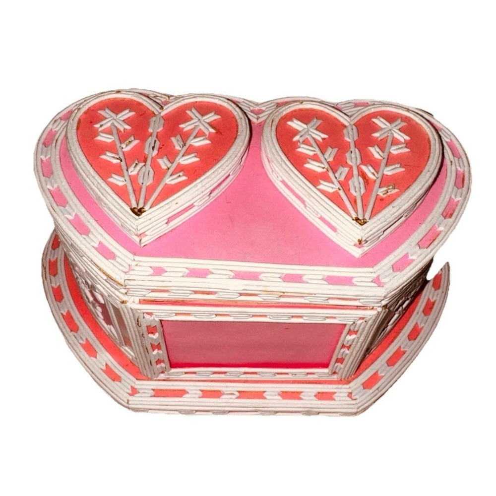 Hand Made Prison Art Heart Shaped Jewelry Box Toothpicks Pink White‎ Photo Frame